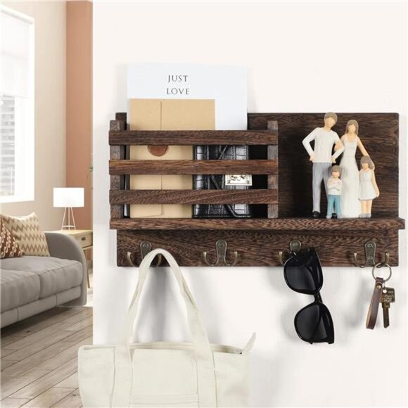 Key & Mail Holder for Wall - Rustic Natural Paulownia Wood - Picture 3 of 8